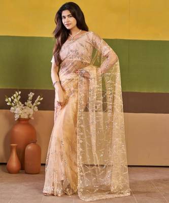 Elegance peach embroidered borders net saree with unstitched blouse 3