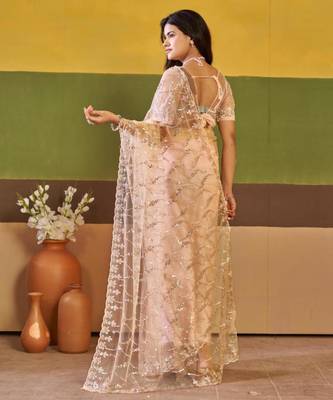 Elegance peach embroidered borders net saree with unstitched blouse 4