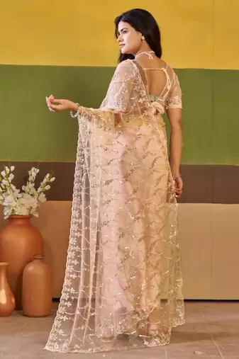 Elegance peach embroidered borders net saree with unstitched blouse