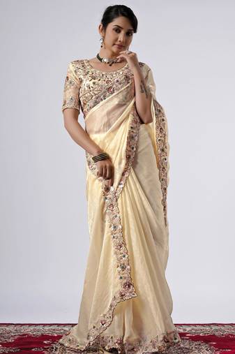 New collection cream full embroidery work shimmer saree with unstitched blouse