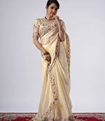New collection cream full embroidery work shimmer saree with unstitched blouse