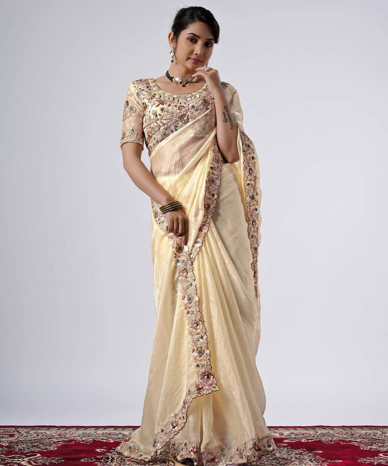New collection cream full embroidery work shimmer saree with unstitched blouse