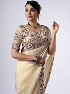 New collection cream full embroidery work shimmer saree with unstitched blouse 2