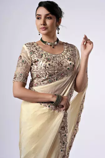 New collection cream full embroidery work shimmer saree with unstitched blouse