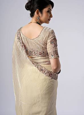 New collection cream full embroidery work shimmer saree with unstitched blouse 3