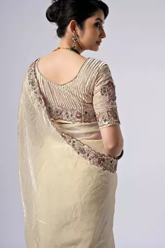 New collection cream full embroidery work shimmer saree with unstitched blouse