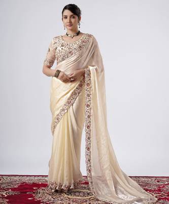 New collection cream full embroidery work shimmer saree with unstitched blouse 4