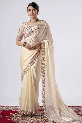 New collection cream full embroidery work shimmer saree with unstitched blouse