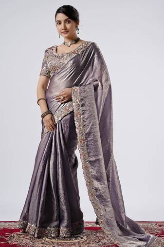 Latest grey full embroidery work shimmer saree with unstitched blouse
