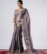 Latest grey full embroidery work shimmer saree with unstitched blouse