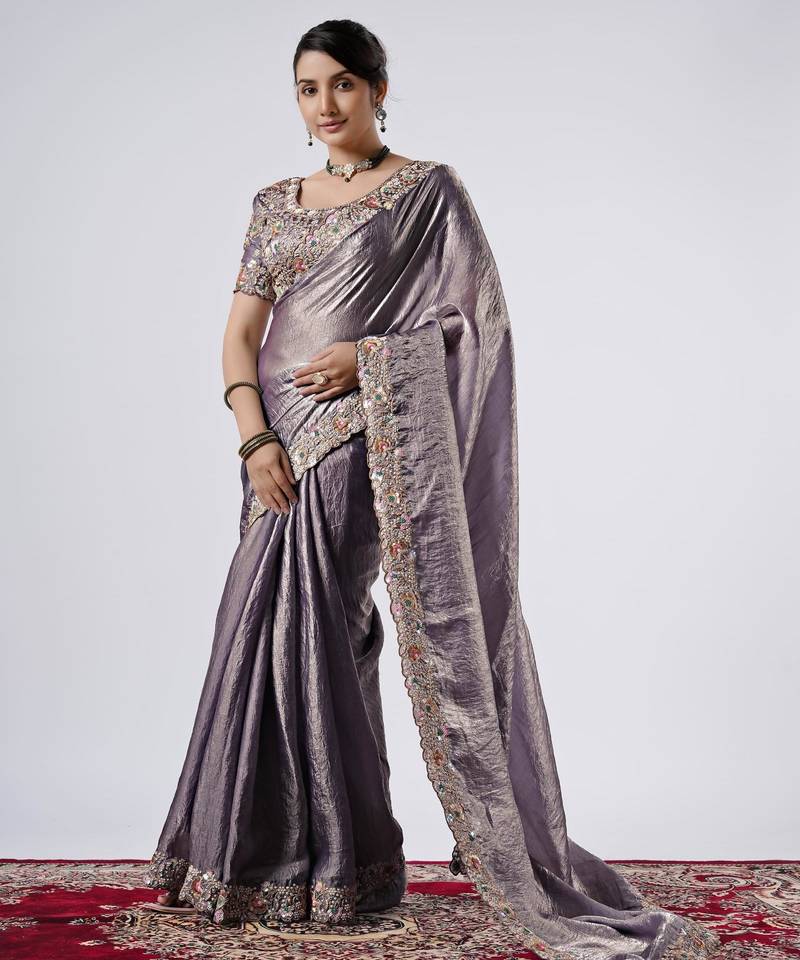 Latest grey full embroidery work shimmer saree with unstitched blouse