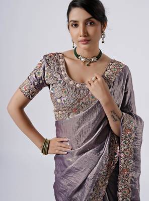 Latest grey full embroidery work shimmer saree with unstitched blouse 2