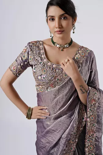 Latest grey full embroidery work shimmer saree with unstitched blouse