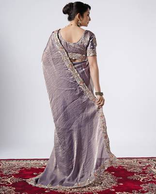 Latest grey full embroidery work shimmer saree with unstitched blouse 3