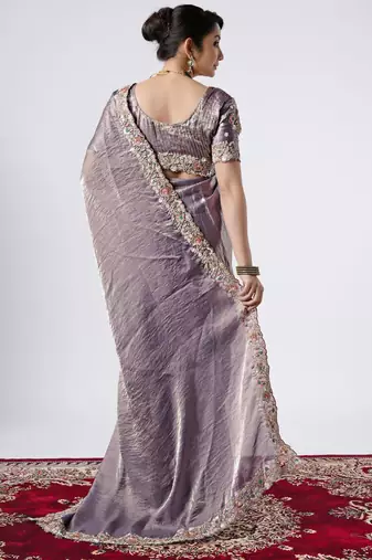 Latest grey full embroidery work shimmer saree with unstitched blouse