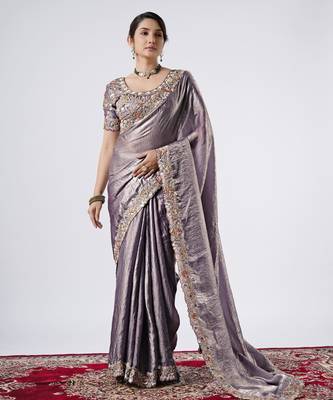 Latest grey full embroidery work shimmer saree with unstitched blouse 4