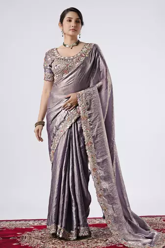 Latest grey full embroidery work shimmer saree with unstitched blouse