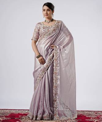 Celebrity inspired lavendar full embroidery work shimmer saree with unstitched blouse 1