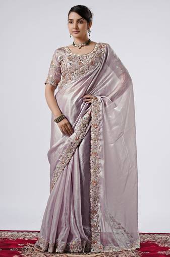 Celebrity inspired lavendar full embroidery work shimmer saree with unstitched blouse