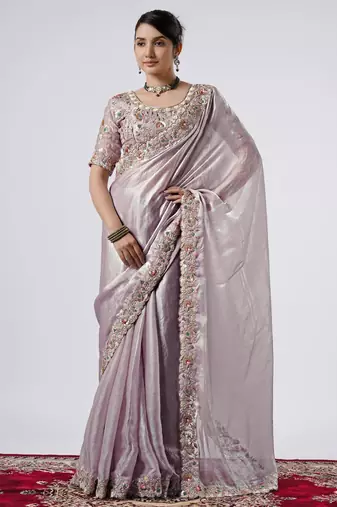 Celebrity inspired lavendar full embroidery work shimmer saree with unstitched blouse
