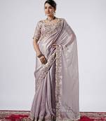 Celebrity inspired lavendar full embroidery work shimmer saree with unstitched blouse