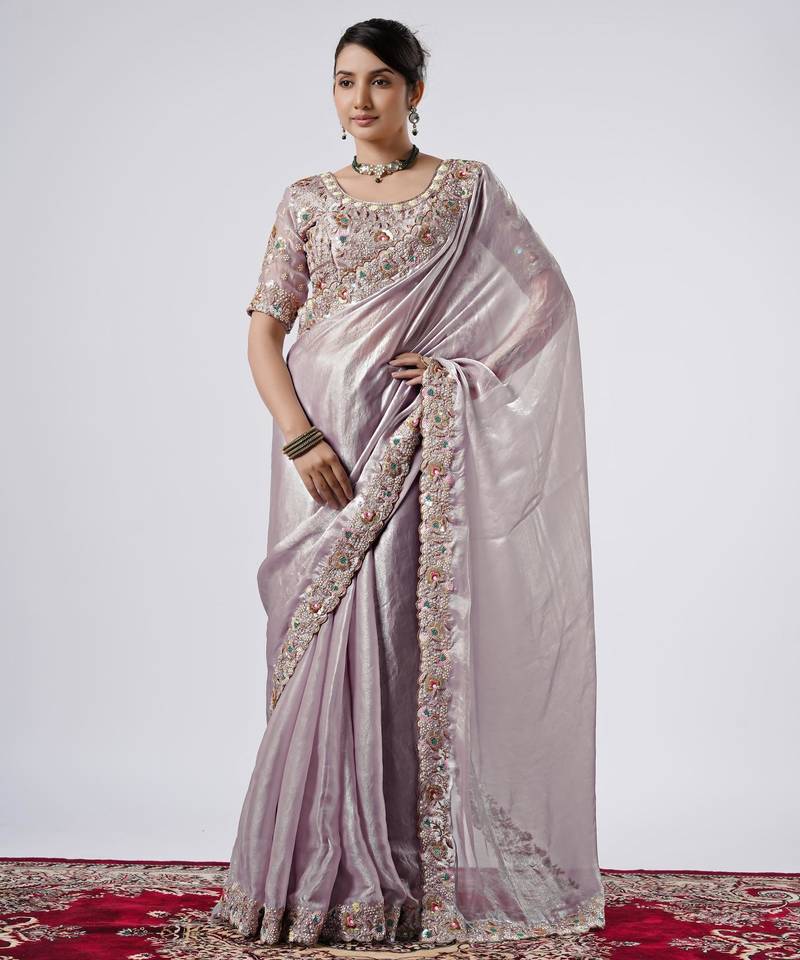 Celebrity inspired lavendar full embroidery work shimmer saree with unstitched blouse