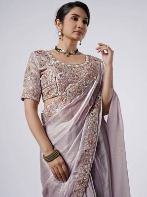 Celebrity inspired lavendar full embroidery work shimmer saree with unstitched blouse 2