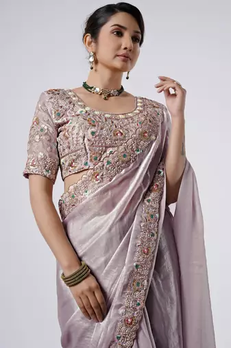Celebrity inspired lavendar full embroidery work shimmer saree with unstitched blouse