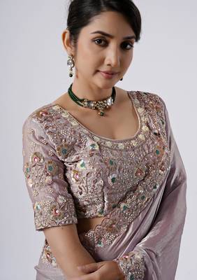 Celebrity inspired lavendar full embroidery work shimmer saree with unstitched blouse 3