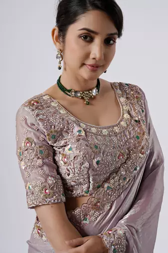 Celebrity inspired lavendar full embroidery work shimmer saree with unstitched blouse