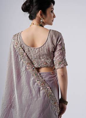 Celebrity inspired lavendar full embroidery work shimmer saree with unstitched blouse 4