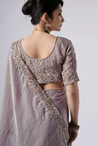 Celebrity inspired lavendar full embroidery work shimmer saree with unstitched blouse