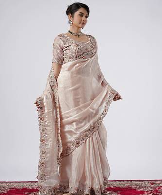 Bollywood peach full embroidery work shimmer saree with unstitched blouse 1