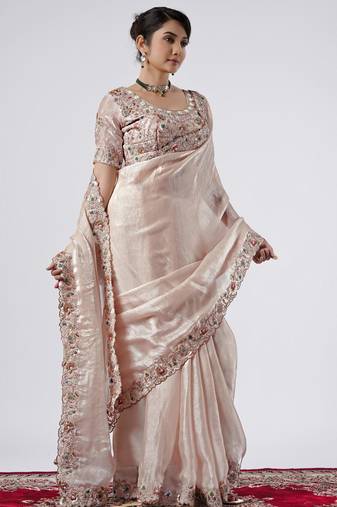 Bollywood peach full embroidery work shimmer saree with unstitched blouse