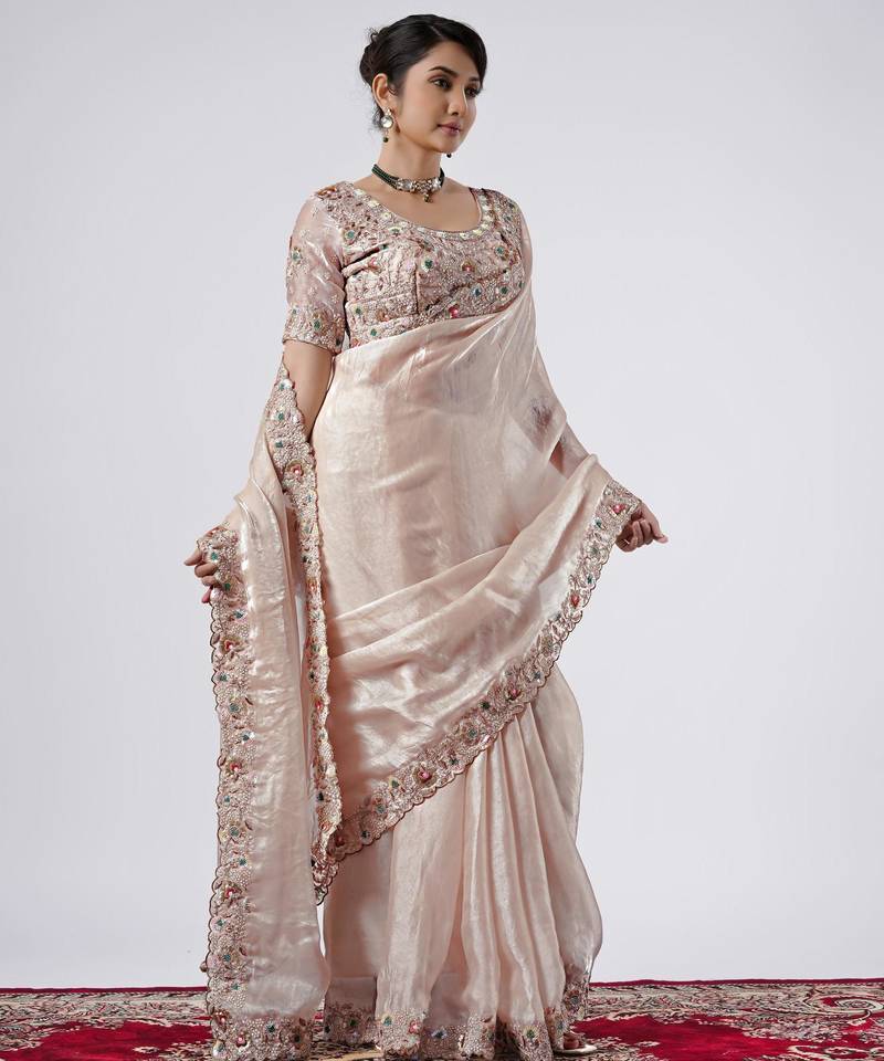 Bollywood peach full embroidery work shimmer saree with unstitched blouse