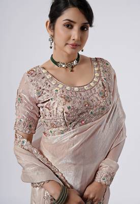 Bollywood peach full embroidery work shimmer saree with unstitched blouse 2