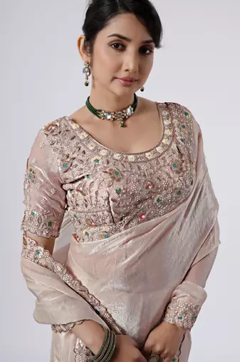 Bollywood peach full embroidery work shimmer saree with unstitched blouse