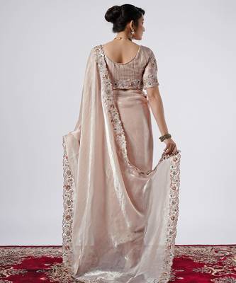 Bollywood peach full embroidery work shimmer saree with unstitched blouse 3