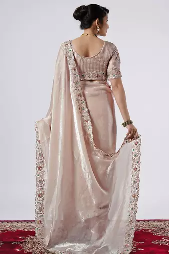 Bollywood peach full embroidery work shimmer saree with unstitched blouse