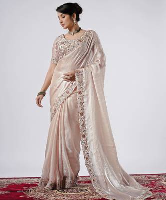 Bollywood peach full embroidery work shimmer saree with unstitched blouse 4