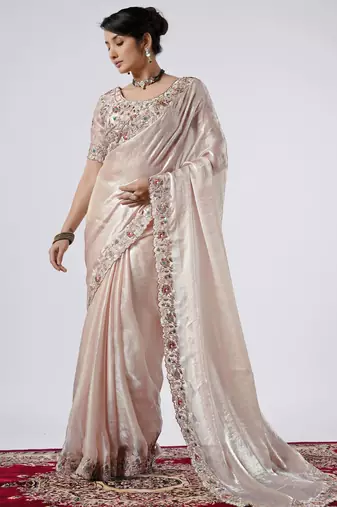 Bollywood peach full embroidery work shimmer saree with unstitched blouse