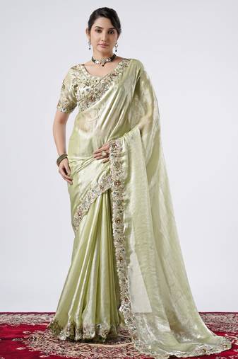 Kanjivaram pista full embroidery work shimmer saree with unstitched blouse