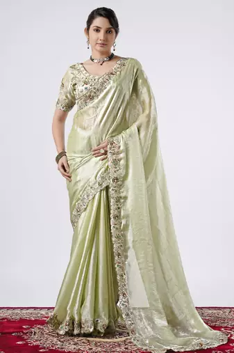 Kanjivaram pista full embroidery work shimmer saree with unstitched blouse
