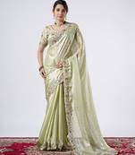 Kanjivaram pista full embroidery work shimmer saree with unstitched blouse