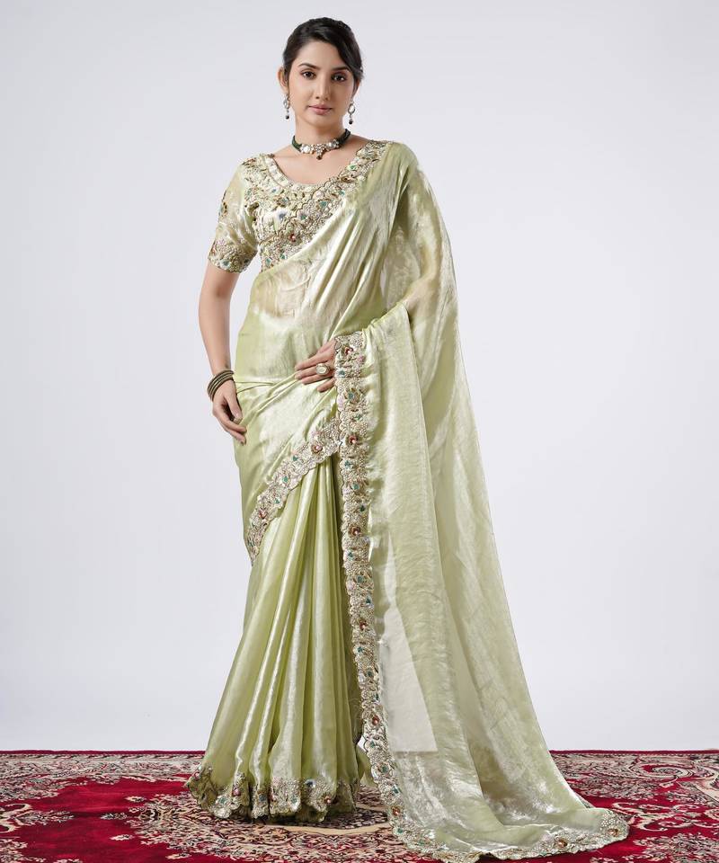 Kanjivaram pista full embroidery work shimmer saree with unstitched blouse