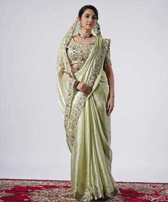 Kanjivaram pista full embroidery work shimmer saree with unstitched blouse 3