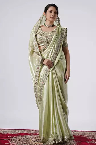 Kanjivaram pista full embroidery work shimmer saree with unstitched blouse