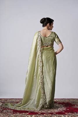 Kanjivaram pista full embroidery work shimmer saree with unstitched blouse 4