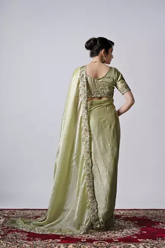 Kanjivaram pista full embroidery work shimmer saree with unstitched blouse