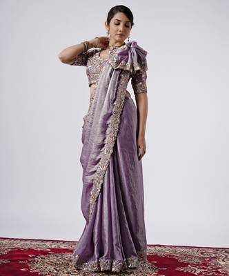 Designer purple full embroidery work shimmer saree with unstitched blouse 1